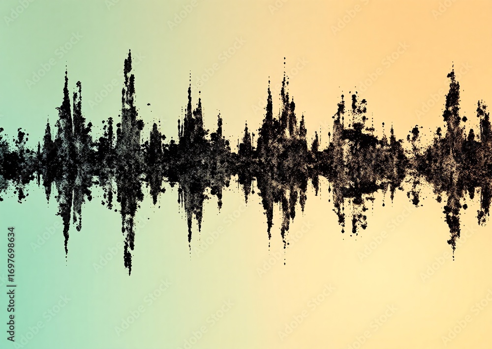 Poster a dynamic black waveform with jagged peaks and valleys visually represents audio or data, set agains