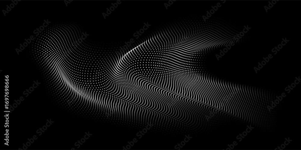 Poster flowing dots particles wave pattern white light isolated on black background. vector in concept of t