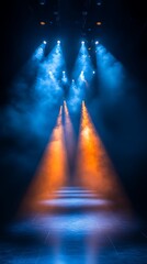 Bright orange blue spotlights shine across empty stage Images