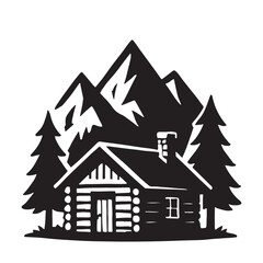 Serene Cabin in the Mountains: A rustic cabin nestled amidst majestic mountain peaks and towering evergreens, embodies the essence of tranquility and natural beauty.