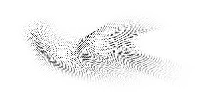 Flowing dots particles wave pattern 3D curve halftone black gradient curve shape isolated on transparent background. Vector in concept of technology, science, music, modern.