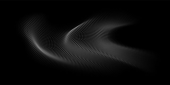 Flowing dots particles wave pattern white light isolated on black background. Vector in concept of technology, science, music, modern.