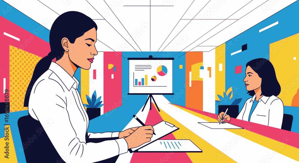 Poster two businesswomen in a colorful modern boardroom during a data presentation with charts and graphs o