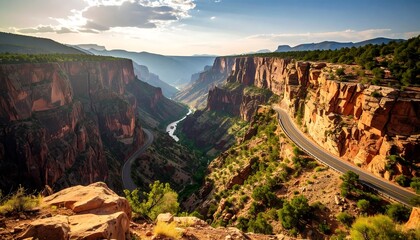 Scenic canyon road at sunset
