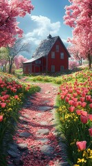 Charming red barn surrounded by blossoming tulips wallpapers