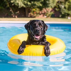 Happy black lab in pool