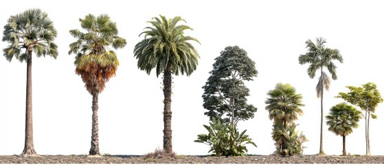 A diverse group of tall, slender palm trees and other tropical foliage is arranged across a white background with earthy ground at the base