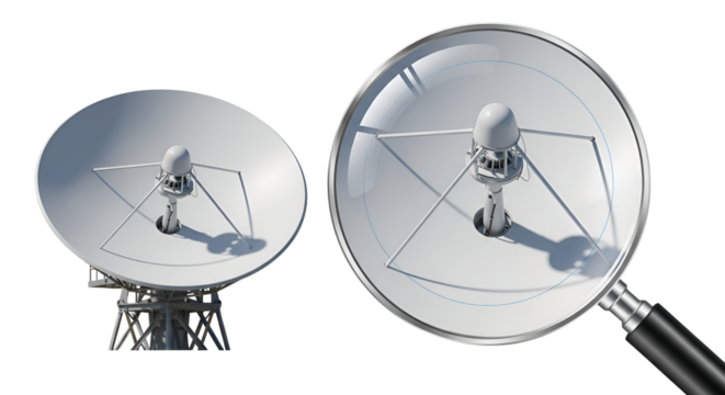 Satellite dish antenna with magnifying glass isolated PNG with Transparent Background - Powered by Adobe