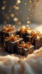 Festive arrangement of gift boxes with gold ribbons and confetti