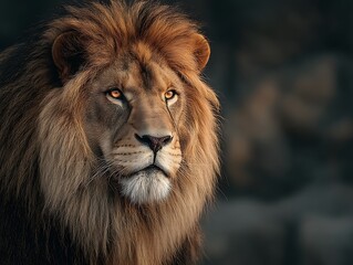 Obraz premium A Close-Up Portrait Of A Male Lion, Its Golden Mane Glowing Under Sunlight. Sharp Focus On The Lion’S Intense Eyes Creates A Dramatic, Majestic Atmosphere. No Cages, N