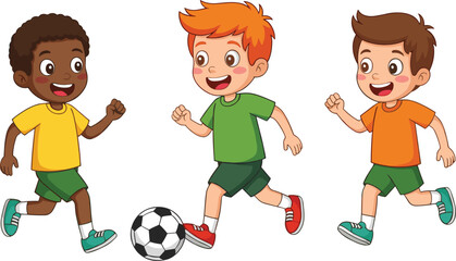 Happy kids playing soccer together, diverse children running and kicking a ball, outdoor sports activity, teamwork and fun © Shahariar's World