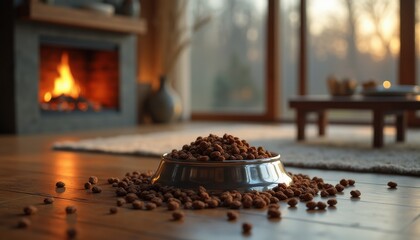 Cozy pet food bowl with spilled food in warm living room