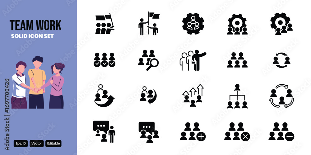 Poster team work solid icon set vector design good for web and mobile app