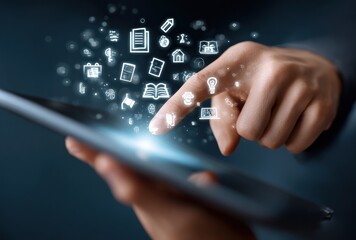 A person's hands interact with a tablet emitting glowing icons, set against a dark backdrop, highlighting digital engagement and modern technology use