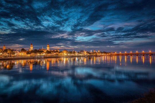 St Augustine Night. City Skyline of St. Augustine, Florida at the Iconic Bridge of Lions