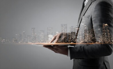 A suited figure holds a tablet displaying a cityscape with glowing lights, overlaid as a ghostly image upon the clothing