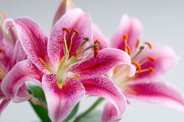 Stargazer Lily. Close Up of Beautiful Pink Blooms on White Background