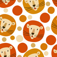 Vector seamless pattern with lion faces in cartoon style