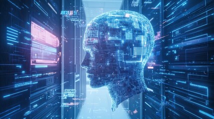 Adult male with digital head in server room at night