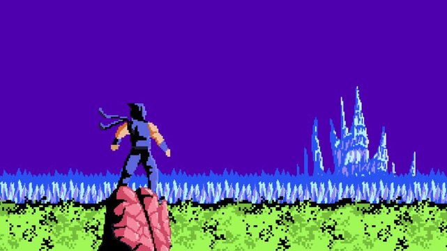 A lone ninja stands atop a windswept cliff, watching as a colossal, twisted enemy castle crumbles into ash in the distance