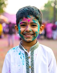 Happy child covered in Holi colors