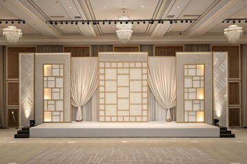 Elegant stage with geometric backdrop and draped curtains