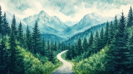 Winding road through tranquil coniferous forest towards mountains