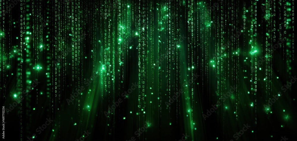 Poster the digital rain of green matrix code and futuristic data streams