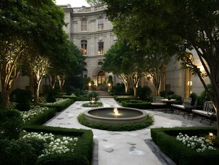 Elegant Illuminated Formal Courtyard Garden at Night Featuring a Tranquil Fountain and Grand Historic Building Facade