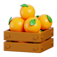 Wooden crate of oranges with a green leaf 3d render icon. Farming and gardening concept.