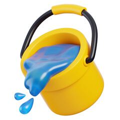 Yellow bucket spilling water 3d render icon. Farming and gardening concept.