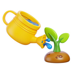 Sprinkling Water on Green Plant with yellow watering can 3d Render Icon. Farming and gardening concept.