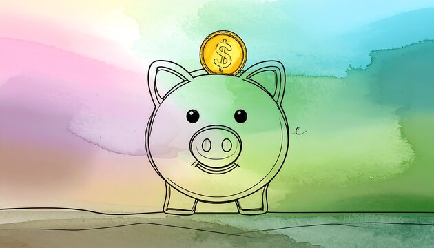 Outlined piggy bank, gold coin atop, pastel background