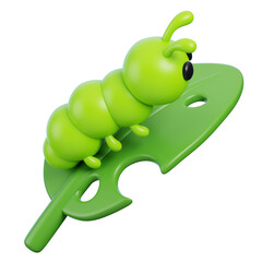 Green caterpillar on a leaf 3d render icon. Farming and gardening concept.