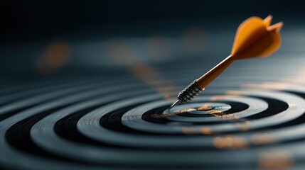 Close-up on a dart perfectly hitting the bullseye on a black and white target. Soft focus creates a sense of movement and accomplishment