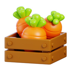 Wooden crate of carrots with a green leaf 3d render icon. Farming and gardening concept.