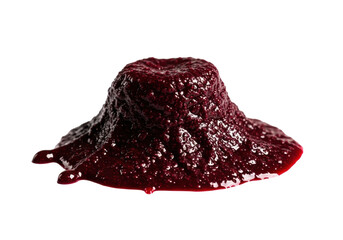 A solitary, dense, dark crimson tar splash, uneven and rippled, showing semi-solid consistency and solidified drips, macro close-up with harsh spotlighting on a stark white background, concept of
