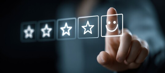 A hand hovers over a virtual interface, ready to select a smiley face icon, completing a rating among other star options. Rating concept