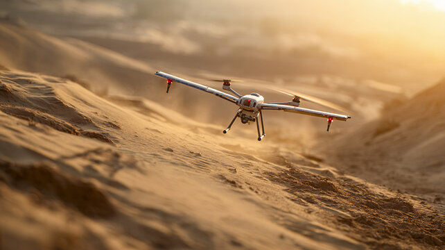 Unmanned fixed-wing aircraft over desert dunes at sunset &mdash; image about aerial survey, mapping and landscape exploration.