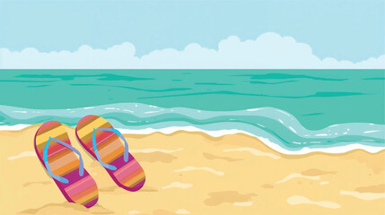 Naklejka premium Summer beach scene with colorful flip flops on sandy shore, gentle waves, vector illustration for banners, cards, invitations, and sales. Ai Generate