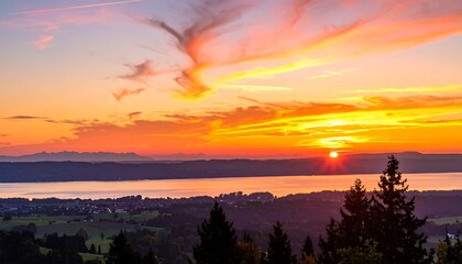 Obraz premium Panoramic Sunset over Lake and Mountains