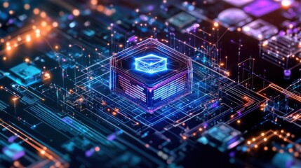 Obraz premium Glowing cube with email symbol on circuit board at night