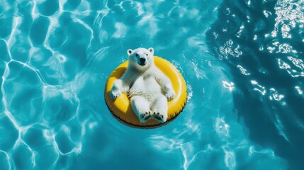Polar bear relaxing in yellow inflatable ring at swimming pool