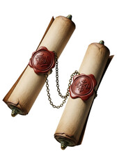 Two antique sepia scrolls, faded, with waxen arcane glyph seals, linked by tarnished brass chain, suspended on white, ancient wisdom, profound mystery.