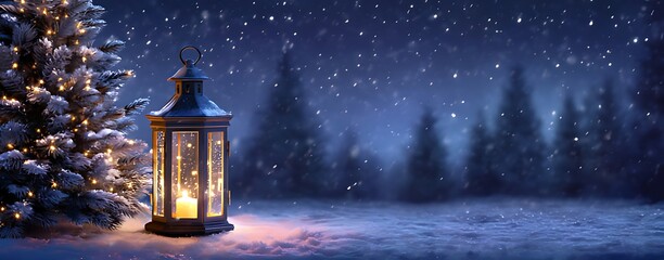 a glowing lantern beside a snow covered pine tree at night