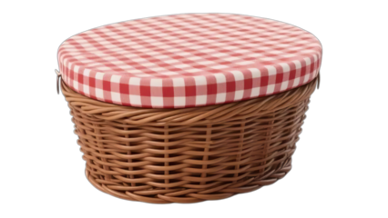 A classic brown woven wicker picnic basket with a charming red and white checkered gingham padded lid, isolated on a plain white background
