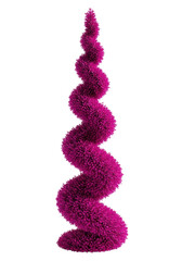 A single artificial topiary in vibrant magenta, sculpted into an intricate spiral with glossy leaves, against a transparent background, studio light, minimalist design concept