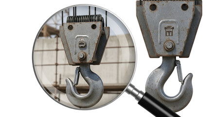 Close-up of a metal crane hook with magnifying glass isolated PNG with Transparent Background