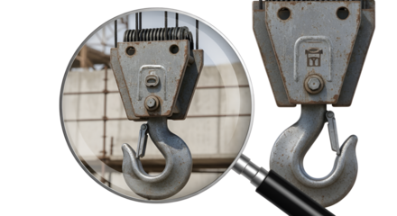 Close-up of a metal crane hook with magnifying glass isolated PNG with Transparent Background