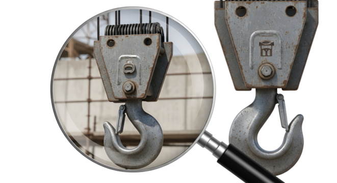 Close-up of a metal crane hook with magnifying glass isolated PNG with Transparent Background